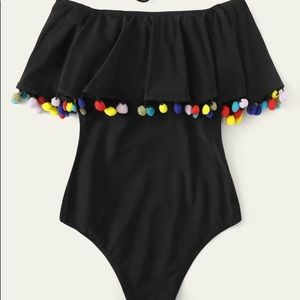 Pom Pom Trim flounce one piece swimsuit SHEIN